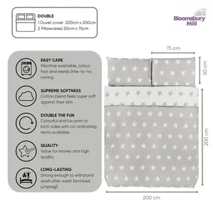 Bloomsbury Mill - Grey and White Stars Kids Reversible Double Bed Duvet Cover and Pillowcases Set - Double - 200 x 200cm