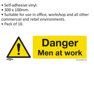 10 Pack of DANGER MEN AT WORK Safety Signs - Self-Adhesive Vinyl Stickers 300 x 100mm