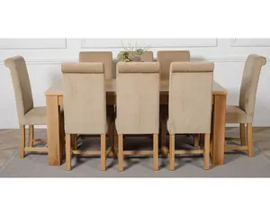 Dakota 182 x 92 cm Chunky Oak Large Dining Table and 8 Chairs Dining Set with Washington Beige Fabric Chairs