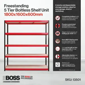 RB BOSS Garage Shelving Unit 5 Shelf MDF Red & Black Powder Coated Steel (H)1800mm (W)1600mm (D)600mm