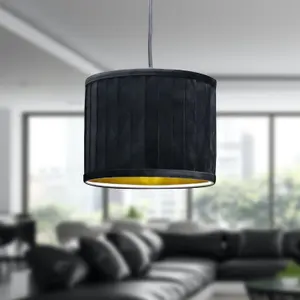 First Choice Lighting Set of 2 Sundance Black Velvet Pleated 25cm Lamp Shades with Gold Inner