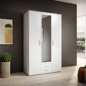 Chic KARL 3-Door Hinged Wardrobe with Mirror W1200mm H1960mm D535mm - White Matt, Ample Storage, Contemporary Design