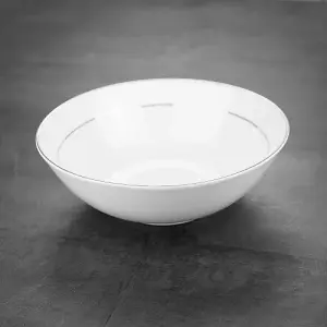 Set of 4 Durable White Ceramic Dinner Bowls with Dual Silver Metallic Rims