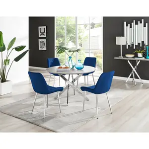 Tierra Modern Chrome Metal & Glass Round Dining Table Set with 4 Luxury Velvet Dining Chairs Silver / Navy/Silver / 75 x 120 x 120cm