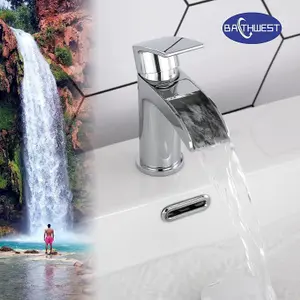 BATHWEST Waterfall Chrome Bathroom Monobloc Basin Sink Mixer Taps Single Lever Taps Mixer Faucet