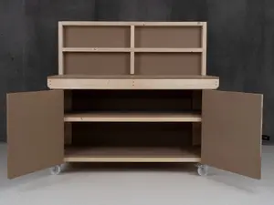 Wooden MDF Top Workbench With Lockable Cupboard (V.9) (H-90cm, D-70cm, L-150cm) with back panel, double shelf and wheels