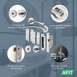 AFIT Chrome Bathroom Door Handle Set, Pack of 2 Turn & Release Set, Lock & Hinges 76mm - Novi Range