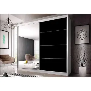 Chic Black Gloss Front & White Matt Wardrobe W233cm H218cm D61cm with Mirrored Sliding Doors