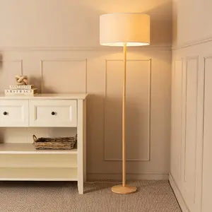 ValueLights Triston Natural Light Wood Stem Floor Lamp with Linen White Trim Drum Shade and LED Bulb