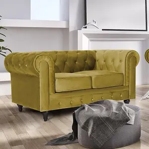 Velvet Chesterfield 2 Seater Sofa - Olive Green