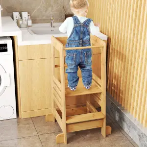 COSTWAY Kitchen Step Stool for Toddlers Bamboo Kids Standing Tower with Safety Rail