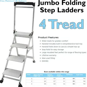 0.9m PREMIUM JUMBO Folding Step Ladders 4 Tread Anti Slip Aluminium Safety Steps