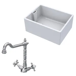 Fireclay Kitchen Bundle - Single Bowl Belfast Sink & French Classic Mono Tap, 615mm - Brushed Nickel - Balterley