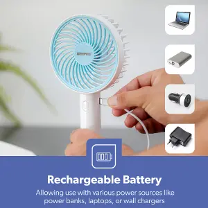 GEEPAS Hand Held Fan, Portable & Foldable, Type C Rechargeable with 3 Speeds, Battery Operated, Blue