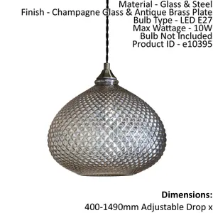 Ceiling Pendant Light Champagne Glass & Antique Brass Plate 10W LED E27