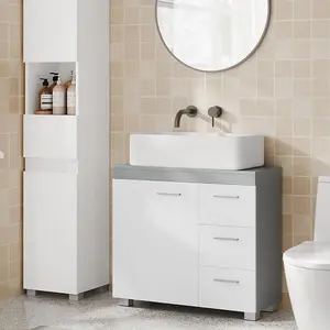 VASAGLE Pedestal Sink Bathroom Cabinet, 3-Drawer Storage with 2 Shelves Behind Door, with Feet, Cloud White and Dove Grey