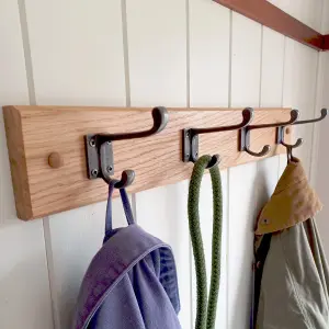 Handcrafted Solid Oak Coat Rack with Cast Iron Hooks 750mm - 5 Hooks