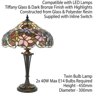 Tiffany Glass Table Lamp Light Dark Bronze & Multi Colour Floral Shade i00229