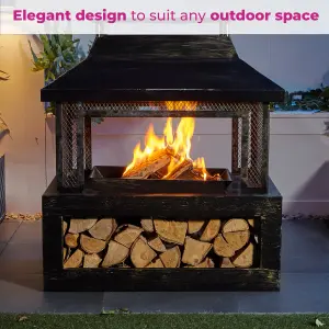 Neo Black Outdoor Fire Pit Log Burner With Mesh Surround and Storage