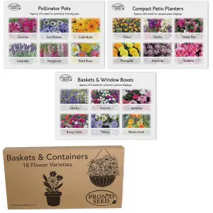 Pronto Seed Bumper Baskets & Containers Flower Seed Variety Pack.  18 Varieties, Over 1400 Seeds