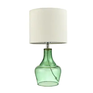 Modern Emerald Green Glass Lamp with Natural Linen Fabric Shade and Clear Cable