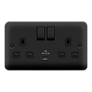 Curved Matt Black 2 Gang 13A DP Ingot 1 USB Twin Double Switched Plug Socket - Black Trim - SE Home