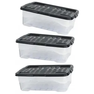 1 x 30 Litres Clear Transparent Base Curve Storage Container With Black Lids For Home & Office