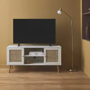 sweeek. 120cm TV stand with wooden and cane effect Boheme White 120x39x56.5 cm