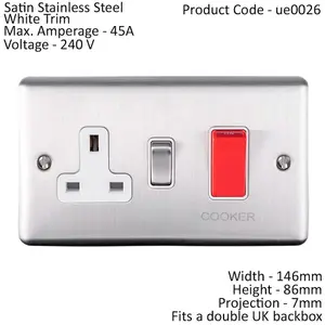 45A DP Oven Switch & Single 13A Switched Power Socket SATIN STEEL & White Trim