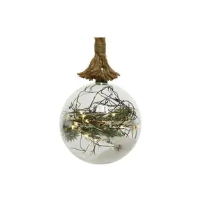 Glass with Snowy Pine Décor and Jute Rope Battery Power Warm White LED in Round Bauble