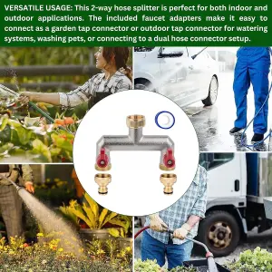 Brass 2-Way Garden Hose Tap Splitter with 2 Faucet Adapters and  PTFE Tape Durable three-quartz Outdoor Tap Connector with Valves