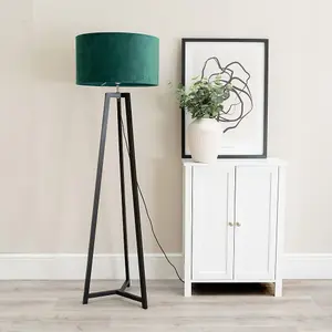 ValueLights Lottie Black Wood Tripod Floor Lamp with Forest Green Velvet Drum Shade