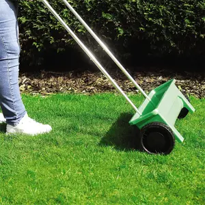 Garden Lawn Seed Spreader - 12L Green Wheeled Scatter Spreader with 10 Drop Speeds for Lawn Feed, Seeds, Fertiliser, Sand & Salt