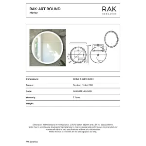 RAK Art Round 600x600 Brushed Nickel Round Touch Sensor Illuminated Mirror IP44