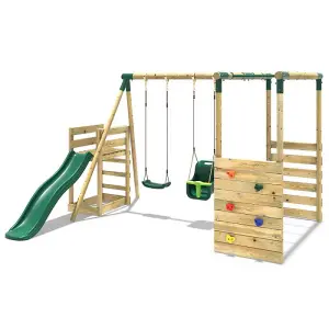 Rebo Wooden Children's Swing Set with Monkey Bars plus Deck & 6ft Slide - Double Swing - Luna Green