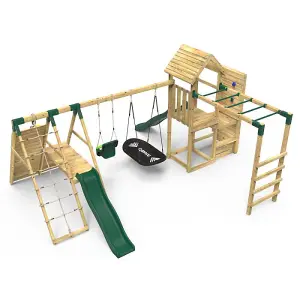 Rebo Wooden Climbing Frame with Vertical Rock Wall, Swing Set and Slides - Cairngorm+