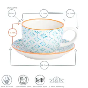 Nicola Spring - Hand-Printed Cappuccino Cup & Saucer Set - 250ml - Blue - 24pc