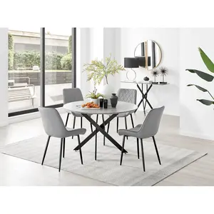 Tierra Modern Chrome Metal & Glass Round Dining Table Set with 4 Luxury Velvet Dining Chairs Black / Grey/Black / 75 x 120 x 120cm