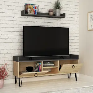 Decortie Keday Modern TV Unit Multimedia Centre Oak Anthracite Grey with Wall Shelf Unit 140cm