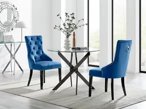 Furniturebox UK Novara 100cm Round Black Leg Dining Table & 2 Blue Belgravia Black Leg Chairs