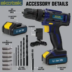 Skotek Cordless Drill Driver 18V/20V Li-Ion Electric Screwdriver Included Drill Bit Set LED Light Charger & 2 Batteries