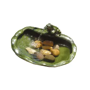 Solar Powered Frog Design Cascade Fountain - Green Glazed Ceramic Outdoor Garden Water Feature - Measures H16 x W37 x D32cm