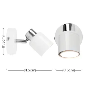 ValueLights Pair Of White And Chrome Single Adjustable Wall Spotlights With Plugs Cable And Switches