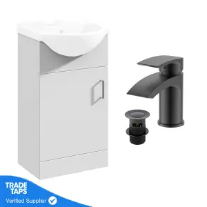 Gloss White 450mm Floor Standing 1-Door Vanity Unit & Round Basin with Round Matt BlackTap