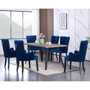 Set of 6 Windsor Knocker Back Dining Chairs Velvet Dining Room Chair w/ Armrest, Blue