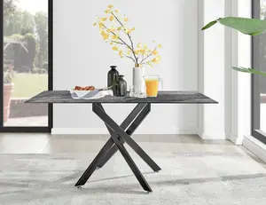 Furniturebox UK Leonardo Grey Glass Marble Effect Black Leg Table & 6 Blue Pesaro Black Leg Chairs