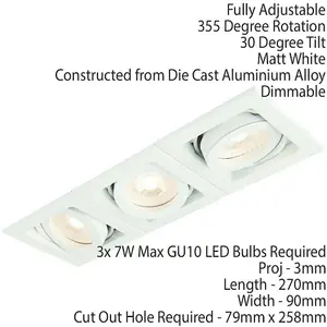 Triple Square Adjustable Head Ceiling Spotlight White GU10 50W Box Downlight