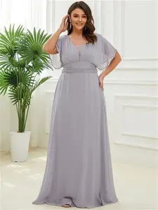 Ever-Pretty Ruffle Sleeves Long Empire Waist Plus Size Evening Gown Polyester