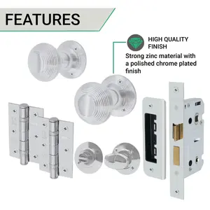 EAI Chrome Door Knobs Reeded Beehive Design Lock Kit 80mm Sashlock 76mm Hinges 2 escutcheons 55mm Sprung Knobs