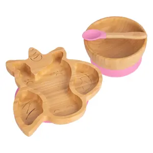 Tiny Dining - Children's Bamboo Suction Unicorn Dinner Set - Pink